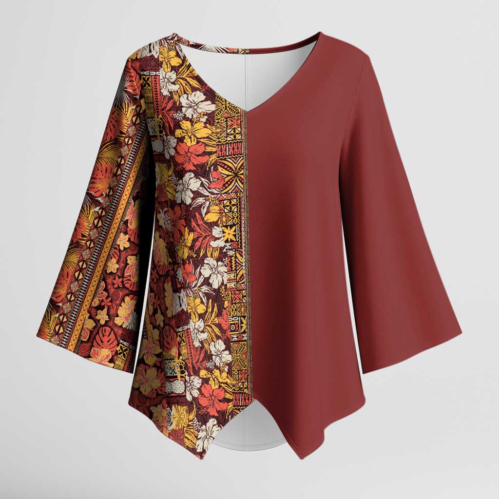 Hawaiian Tribal Elements Hibiscus Kimono Sleeve Blouse Red Pattern - Polynesian Pride