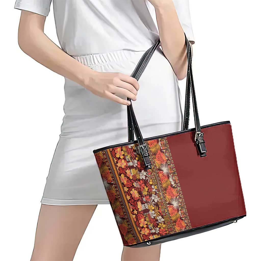 Hawaiian Tribal Elements Hibiscus Leather Tote Bag Red Pattern - Polynesian Pride