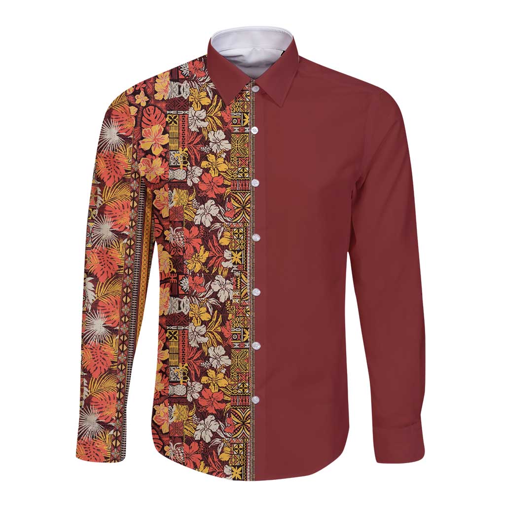 Hawaiian Tribal Elements Hibiscus Long Sleeve Button Shirt Red Pattern LT9 Unisex Red - Polynesian Pride