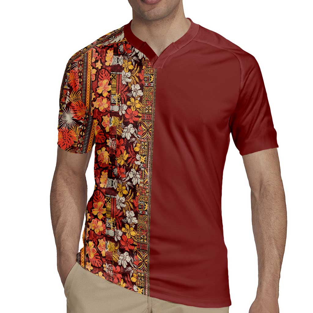 Hawaiian Tribal Elements Hibiscus Rugby Jersey Red Pattern - Polynesian Pride