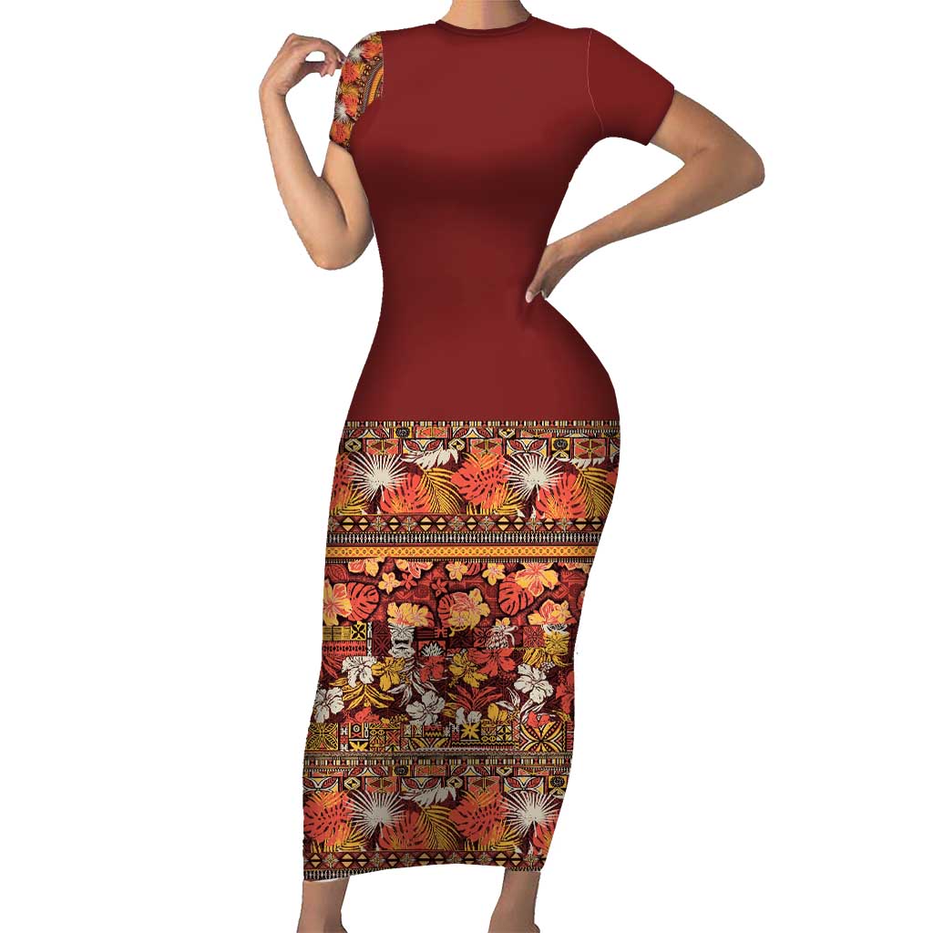 Hawaiian Tribal Elements Hibiscus Short Sleeve Bodycon Dress Red Pattern