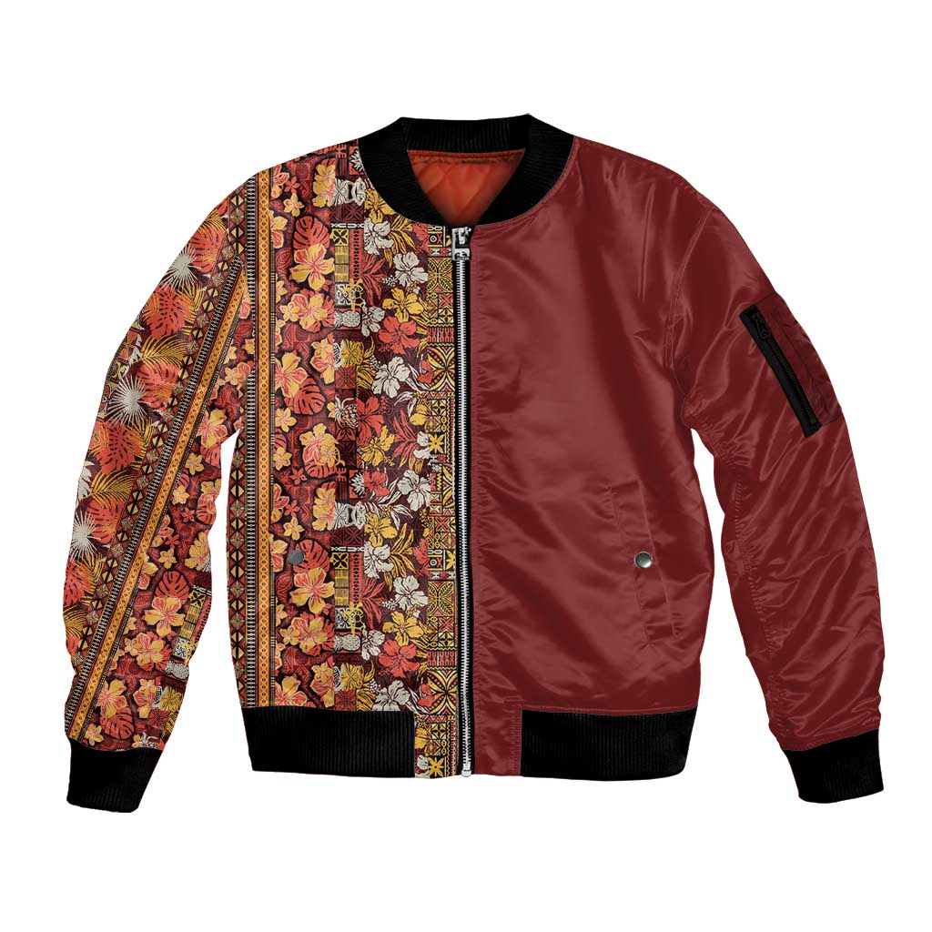 Hawaiian Tribal Elements Hibiscus Sleeve Zip Bomber Jacket Red Pattern LT9 Unisex Red - Polynesian Pride