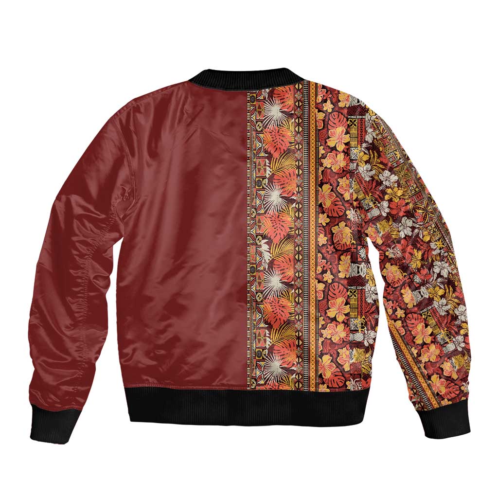 Hawaiian Tribal Elements Hibiscus Sleeve Zip Bomber Jacket Red Pattern - Polynesian Pride