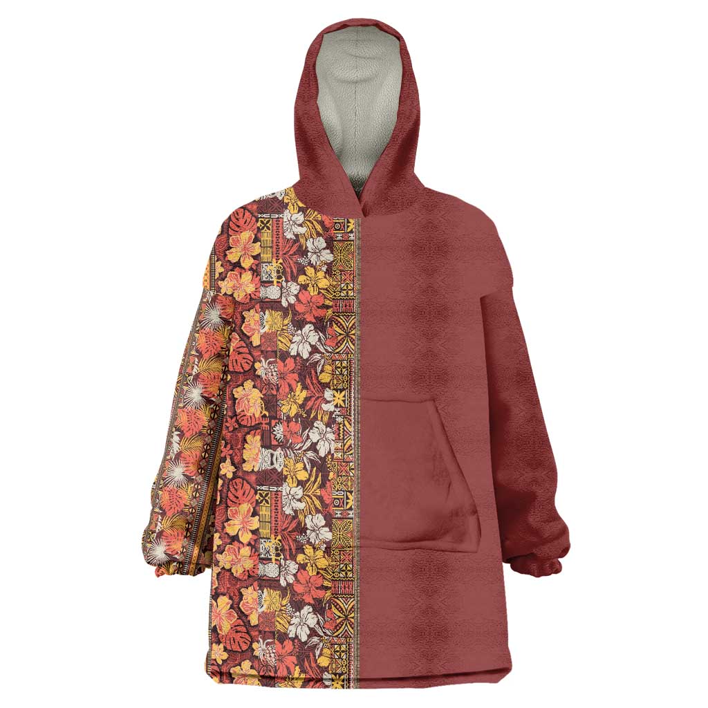 Hawaiian Tribal Elements Hibiscus Wearable Blanket Hoodie Red Pattern LT9 One Size Red - Polynesian Pride