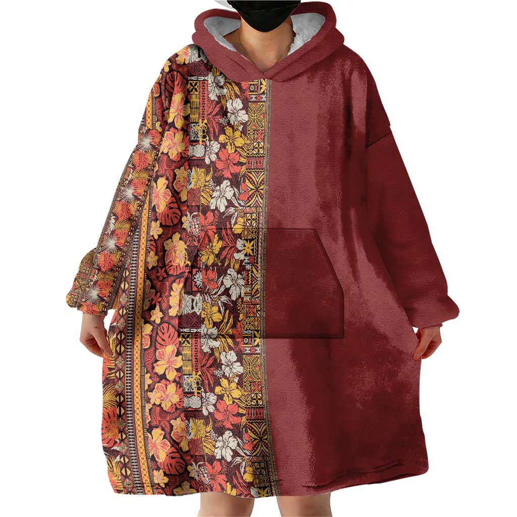 Hawaiian Tribal Elements Hibiscus Wearable Blanket Hoodie Red Pattern LT9 - Polynesian Pride