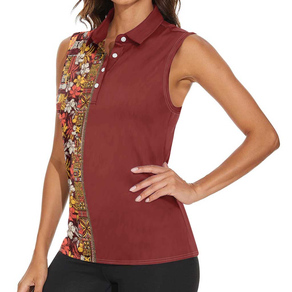 Hawaiian Tribal Elements Hibiscus Women Sleeveless Polo Shirt Red Pattern - Polynesian Pride