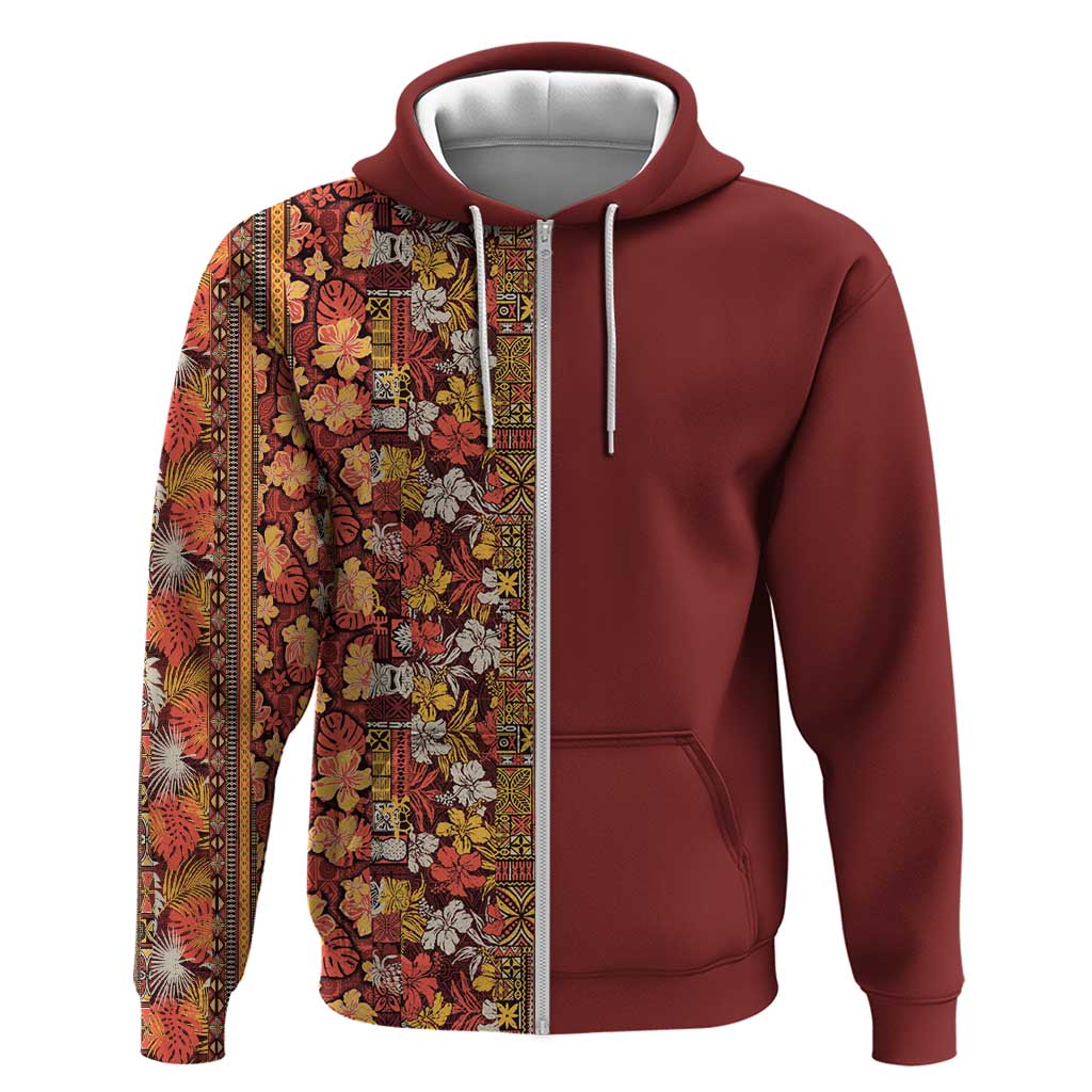 Hawaiian Tribal Elements Hibiscus Zip Hoodie Red Pattern - Polynesian Pride