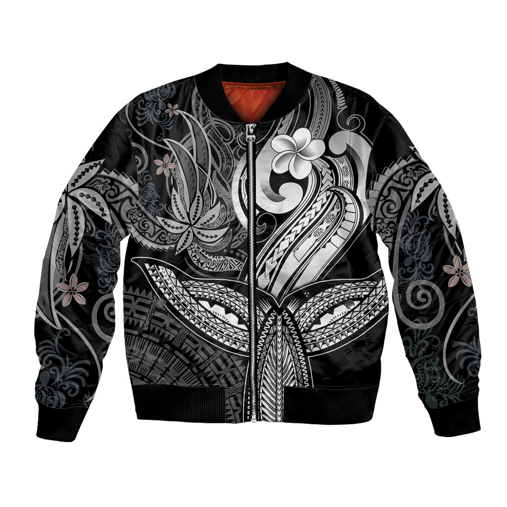 Polynesia Bomber Jacket Whale Tale and Polynesian Sunset Plumeria Black LT9 Unisex Black - Polynesian Pride