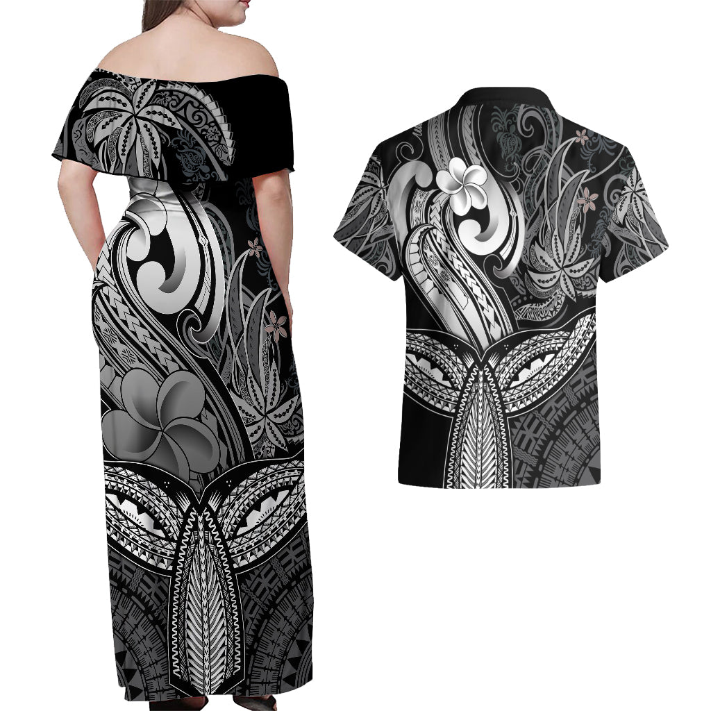 Polynesia Couples Matching Off Shoulder Maxi Dress and Hawaiian Shirt Whale Tale and Polynesian Sunset Plumeria Black LT9 - Polynesian Pride