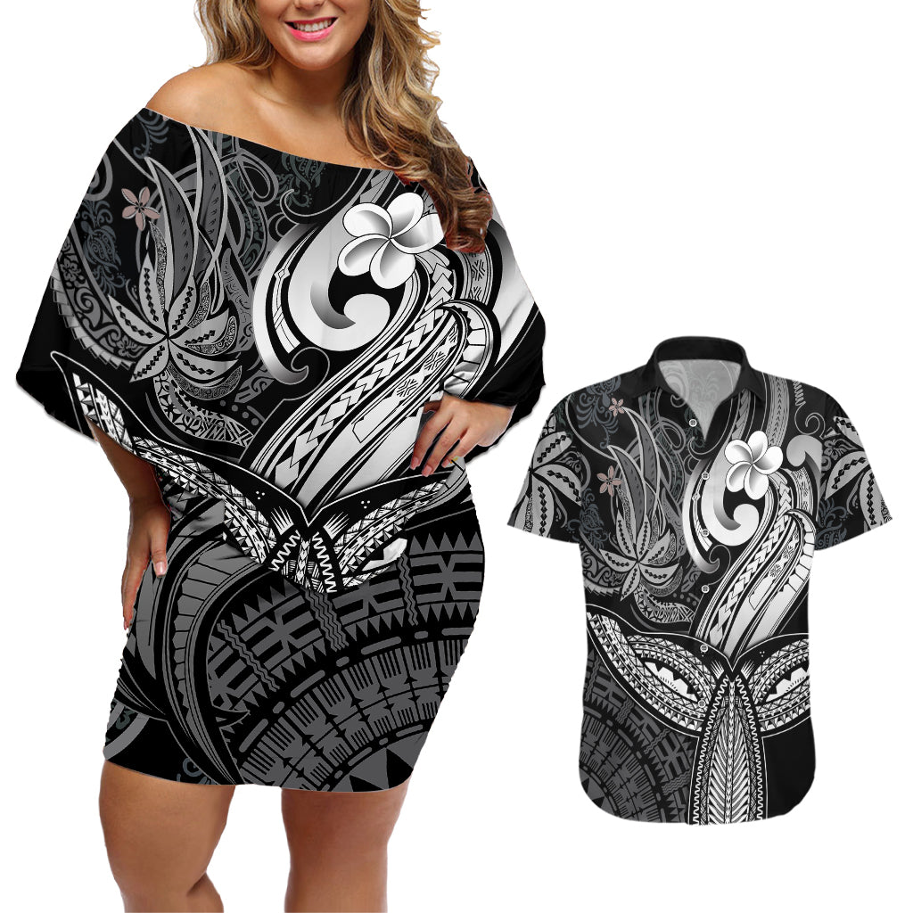 Polynesia Couples Matching Off Shoulder Short Dress and Hawaiian Shirt Whale Tale and Polynesian Sunset Plumeria Black LT9 Black - Polynesian Pride