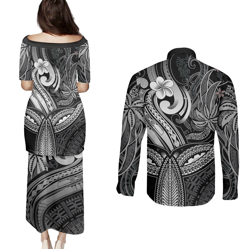 Polynesia Couples Matching Puletasi Dress and Long Sleeve Button Shirts Whale Tale and Polynesian Sunset Plumeria Black LT9 - Polynesian Pride