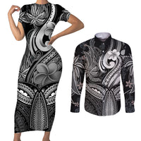 Polynesia Couples Matching Short Sleeve Bodycon Dress and Long Sleeve Button Shirts Whale Tale and Polynesian Sunset Plumeria Black LT9 Black - Polynesian Pride