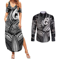 Polynesia Couples Matching Summer Maxi Dress and Long Sleeve Button Shirts Whale Tale and Polynesian Sunset Plumeria Black LT9 Black - Polynesian Pride