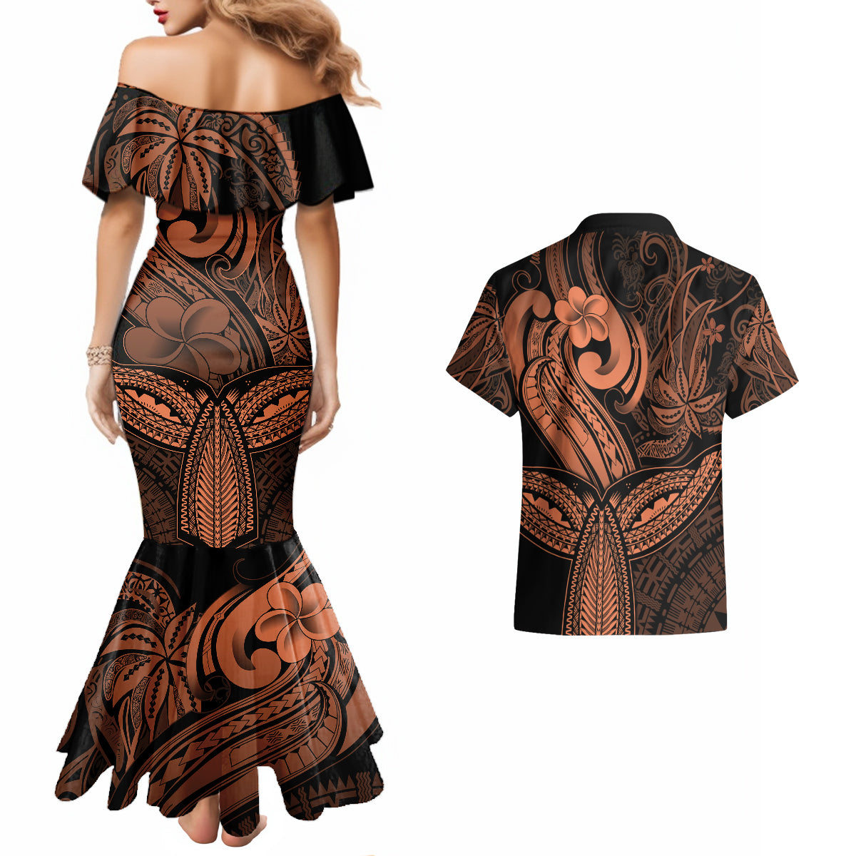 Polynesia Couples Matching Mermaid Dress and Hawaiian Shirt Whale Tale and Polynesian Sunset Plumeria Gold LT9 - Polynesian Pride