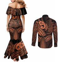 Polynesia Couples Matching Mermaid Dress and Long Sleeve Button Shirts Whale Tale and Polynesian Sunset Plumeria Gold LT9 - Polynesian Pride