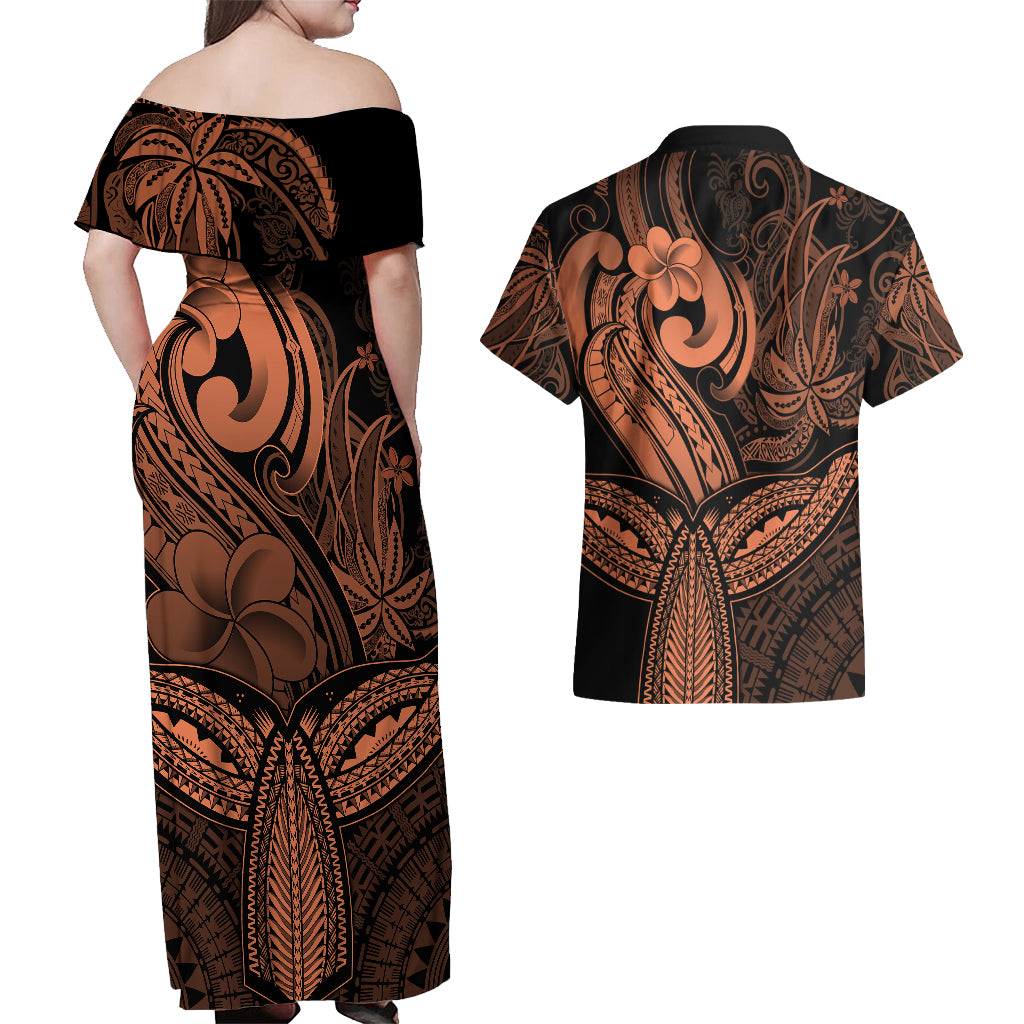 Polynesia Couples Matching Off Shoulder Maxi Dress and Hawaiian Shirt Whale Tale and Polynesian Sunset Plumeria Gold LT9 - Polynesian Pride