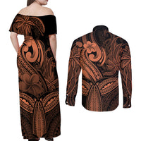 Polynesia Couples Matching Off Shoulder Maxi Dress and Long Sleeve Button Shirts Whale Tale and Polynesian Sunset Plumeria Gold LT9 - Polynesian Pride