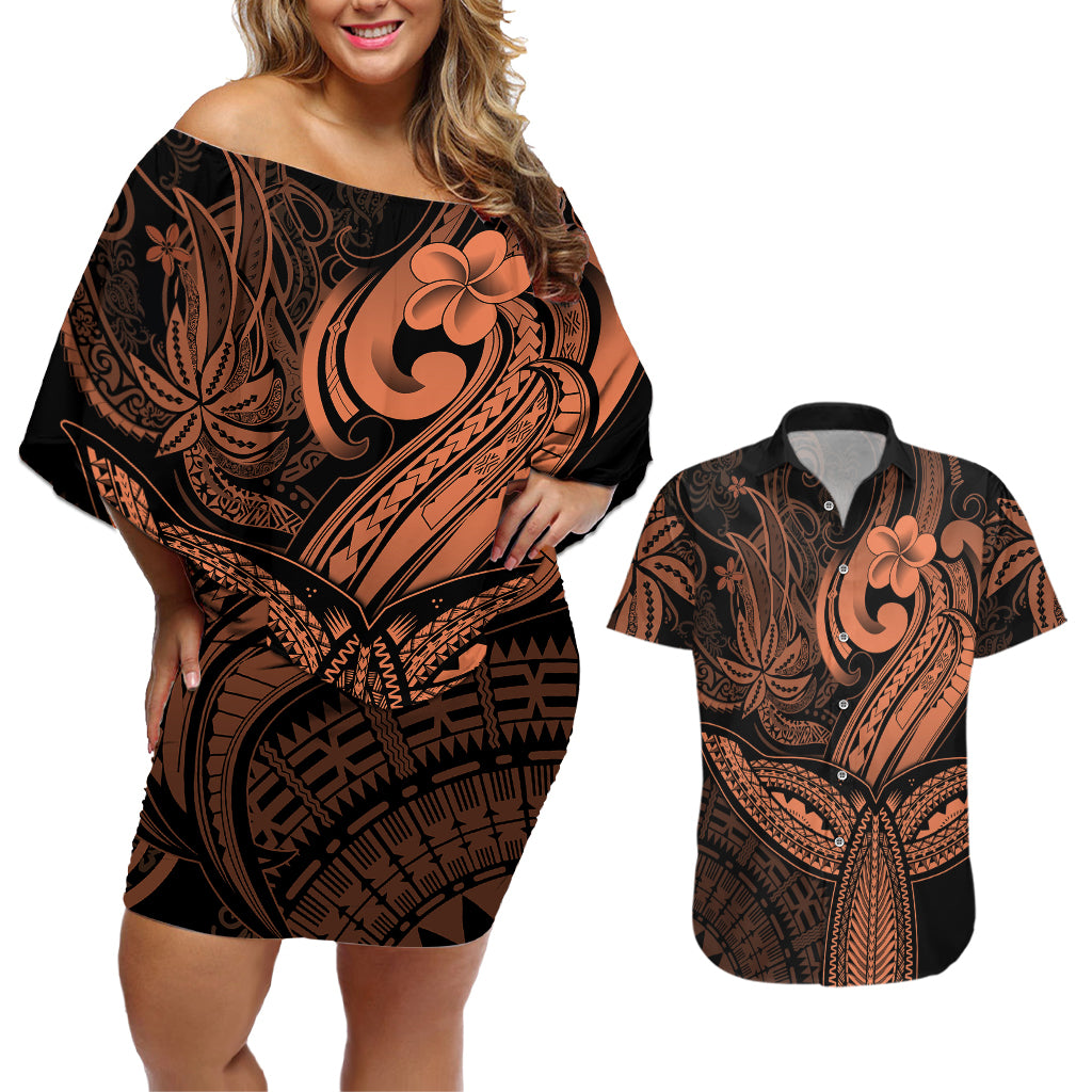 Polynesia Couples Matching Off Shoulder Short Dress and Hawaiian Shirt Whale Tale and Polynesian Sunset Plumeria Gold LT9 Gold - Polynesian Pride