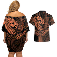 Polynesia Couples Matching Off Shoulder Short Dress and Hawaiian Shirt Whale Tale and Polynesian Sunset Plumeria Gold LT9 - Polynesian Pride