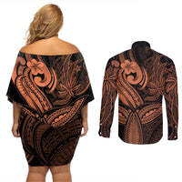 Polynesia Couples Matching Off Shoulder Short Dress and Long Sleeve Button Shirts Whale Tale and Polynesian Sunset Plumeria Gold LT9 - Polynesian Pride