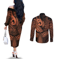 Polynesia Couples Matching Off The Shoulder Long Sleeve Dress and Long Sleeve Button Shirts Whale Tale and Polynesian Sunset Plumeria Gold LT9 - Polynesian Pride