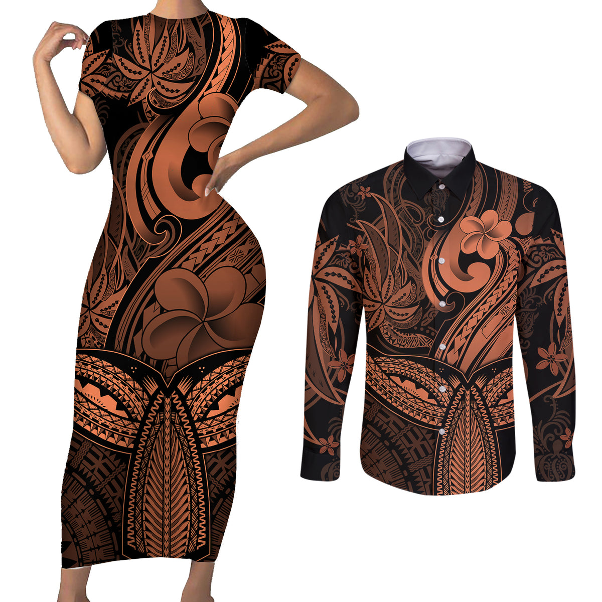 Polynesia Couples Matching Short Sleeve Bodycon Dress and Long Sleeve Button Shirts Whale Tale and Polynesian Sunset Plumeria Gold LT9 Gold - Polynesian Pride