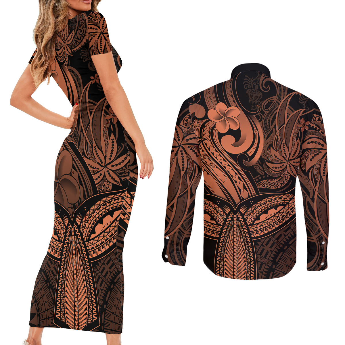 Polynesia Couples Matching Short Sleeve Bodycon Dress and Long Sleeve Button Shirts Whale Tale and Polynesian Sunset Plumeria Gold LT9 - Polynesian Pride
