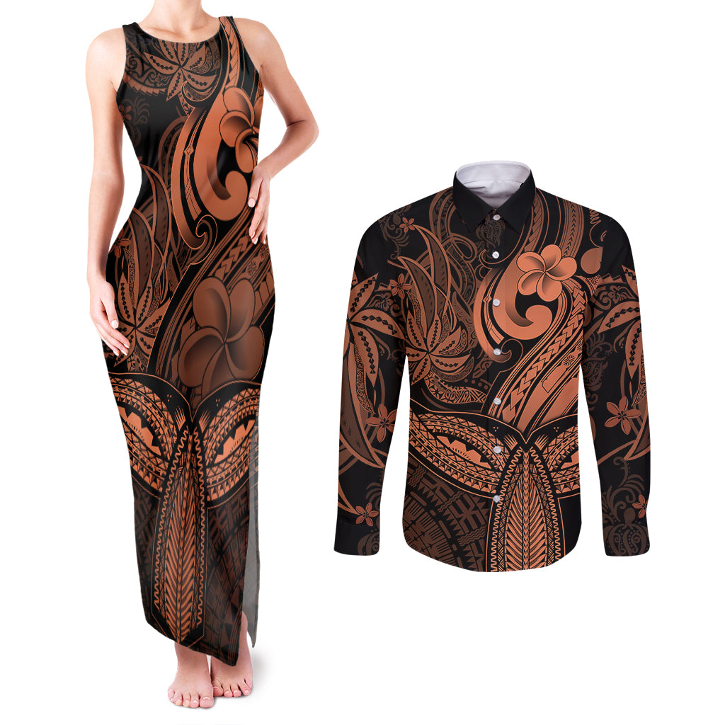 Polynesia Couples Matching Tank Maxi Dress and Long Sleeve Button Shirts Whale Tale and Polynesian Sunset Plumeria Gold LT9 Gold - Polynesian Pride