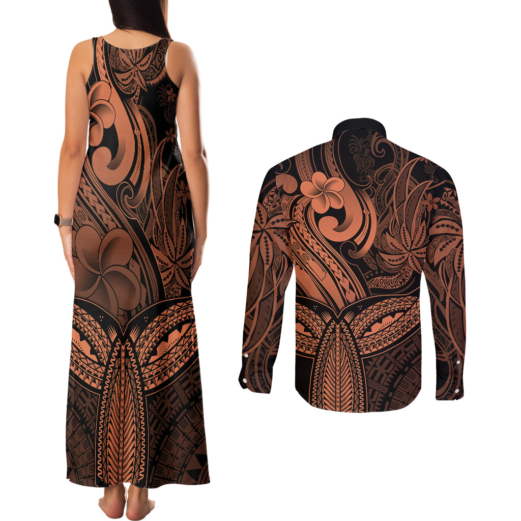 Polynesia Couples Matching Tank Maxi Dress and Long Sleeve Button Shirts Whale Tale and Polynesian Sunset Plumeria Gold LT9 - Polynesian Pride