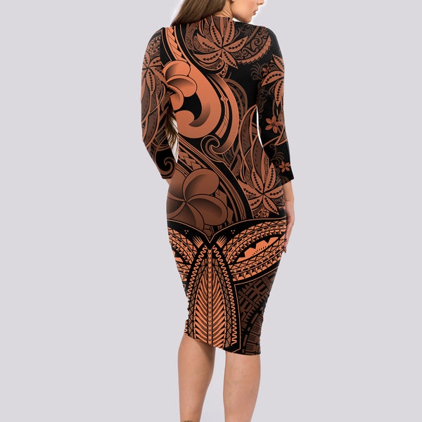 Dashiki and Polynesian Pattern Long Sleeve Bodycon Dress Afro Pacific Culture Gold Version LT9