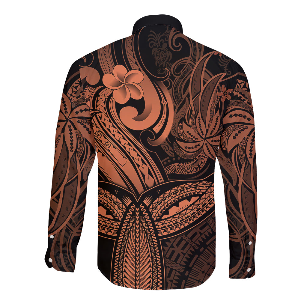 Polynesia Long Sleeve Button Shirt Whale Tale and Polynesian Sunset Plumeria Gold LT9 - Polynesian Pride