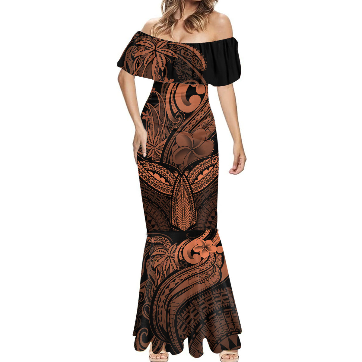 Polynesia Mermaid Dress Whale Tale and Polynesian Sunset Plumeria Gold LT9 - Polynesian Pride