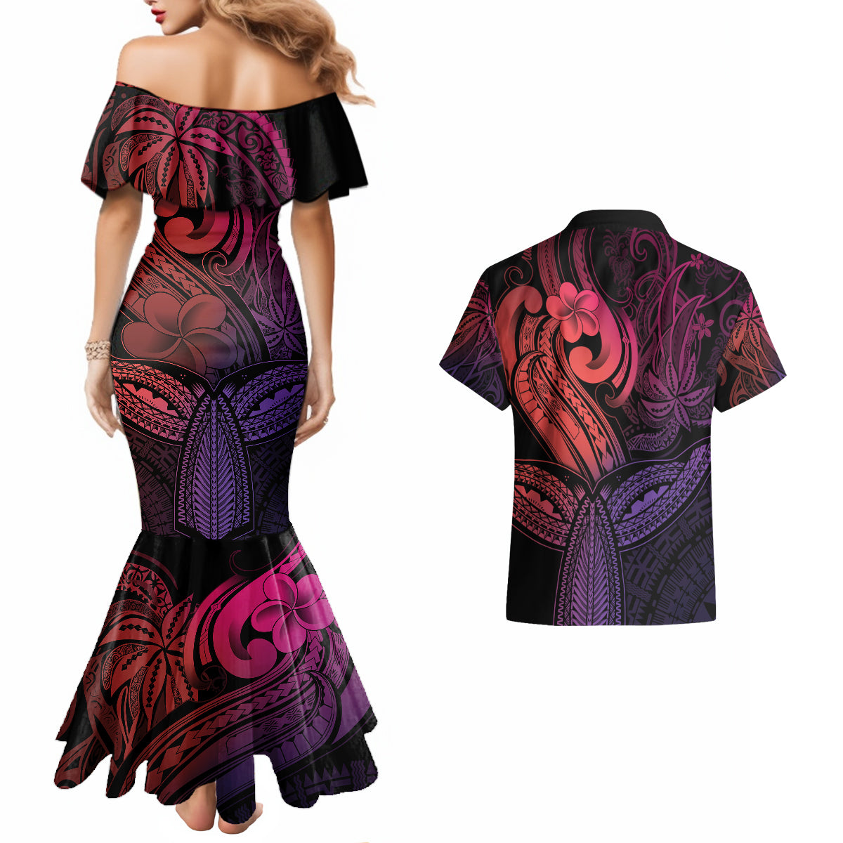 Polynesia Couples Matching Mermaid Dress and Hawaiian Shirt Whale Tale and Polynesian Sunset Plumeria Pink LT9 - Polynesian Pride