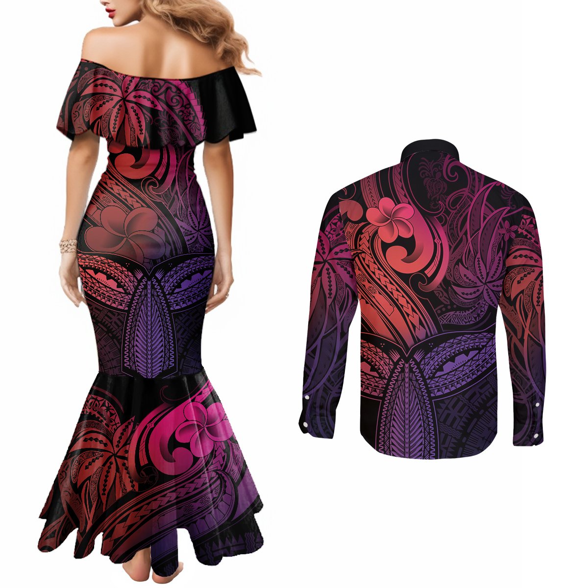 Polynesia Couples Matching Mermaid Dress and Long Sleeve Button Shirts Whale Tale and Polynesian Sunset Plumeria Pink LT9 - Polynesian Pride