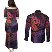 Polynesia Couples Matching Puletasi Dress and Long Sleeve Button Shirts Whale Tale and Polynesian Sunset Plumeria Pink LT9 - Polynesian Pride