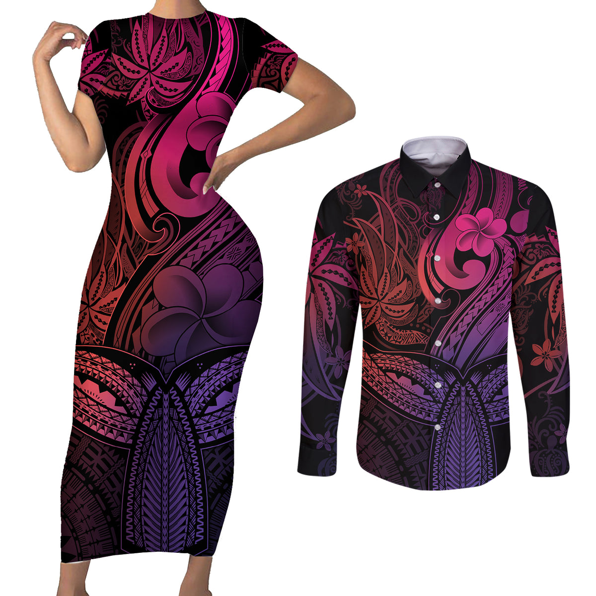 Polynesia Couples Matching Short Sleeve Bodycon Dress and Long Sleeve Button Shirts Whale Tale and Polynesian Sunset Plumeria Pink LT9 Pink - Polynesian Pride