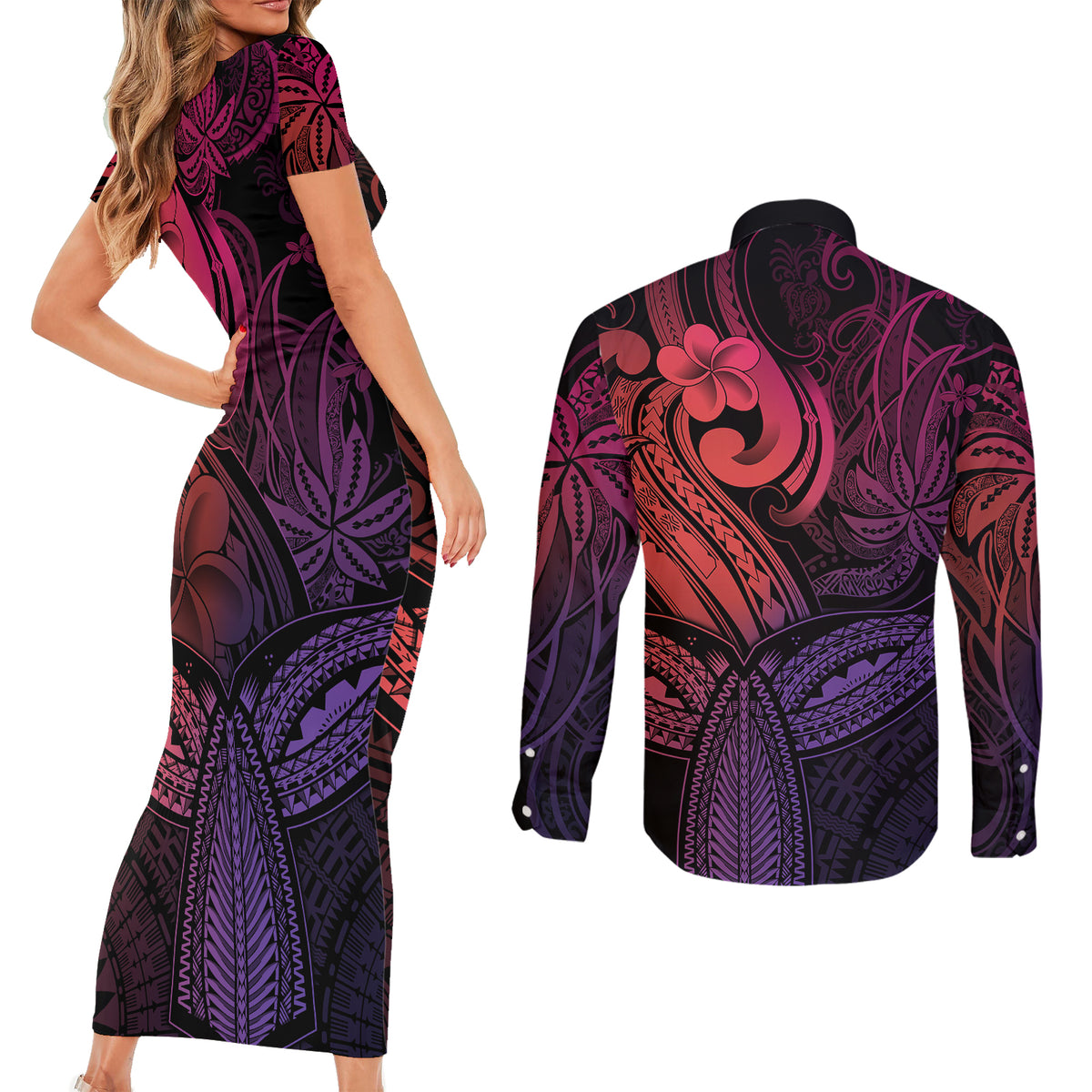 Polynesia Couples Matching Short Sleeve Bodycon Dress and Long Sleeve Button Shirts Whale Tale and Polynesian Sunset Plumeria Pink LT9 - Polynesian Pride