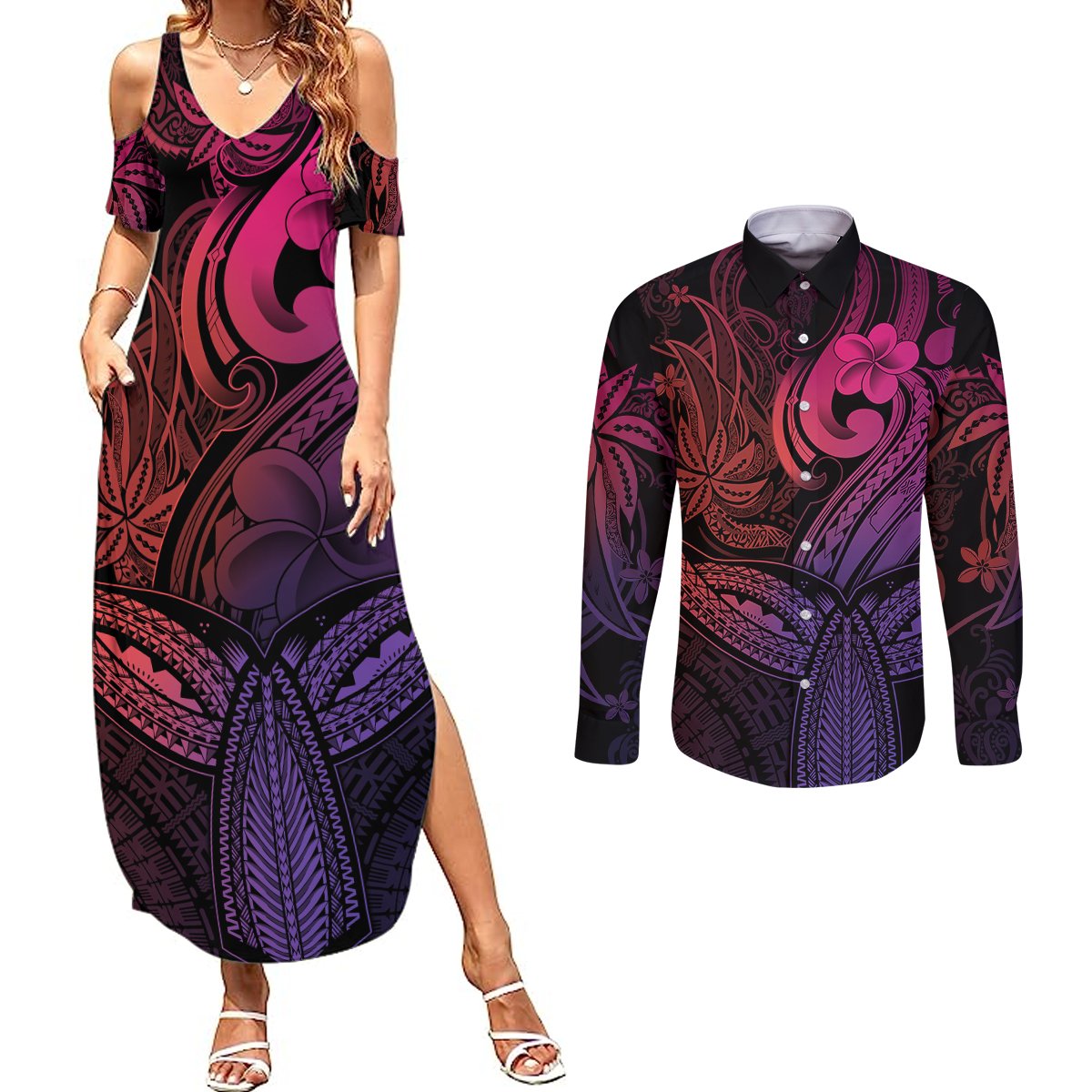 Polynesia Couples Matching Summer Maxi Dress and Long Sleeve Button Shirts Whale Tale and Polynesian Sunset Plumeria Pink LT9 Pink - Polynesian Pride