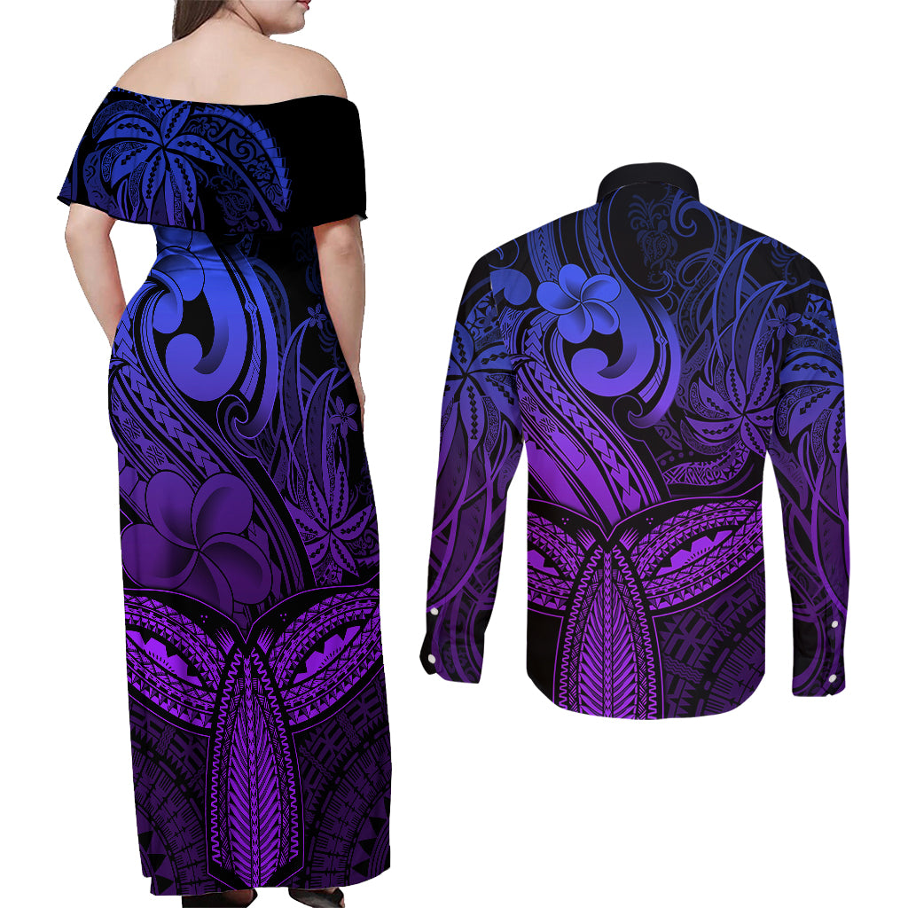 Polynesia Couples Matching Off Shoulder Maxi Dress and Long Sleeve Button Shirts Whale Tale and Polynesian Sunset Plumeria Purple LT9 - Polynesian Pride