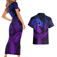 Polynesia Couples Matching Short Sleeve Bodycon Dress and Hawaiian Shirt Whale Tale and Polynesian Sunset Plumeria Purple LT9 - Polynesian Pride