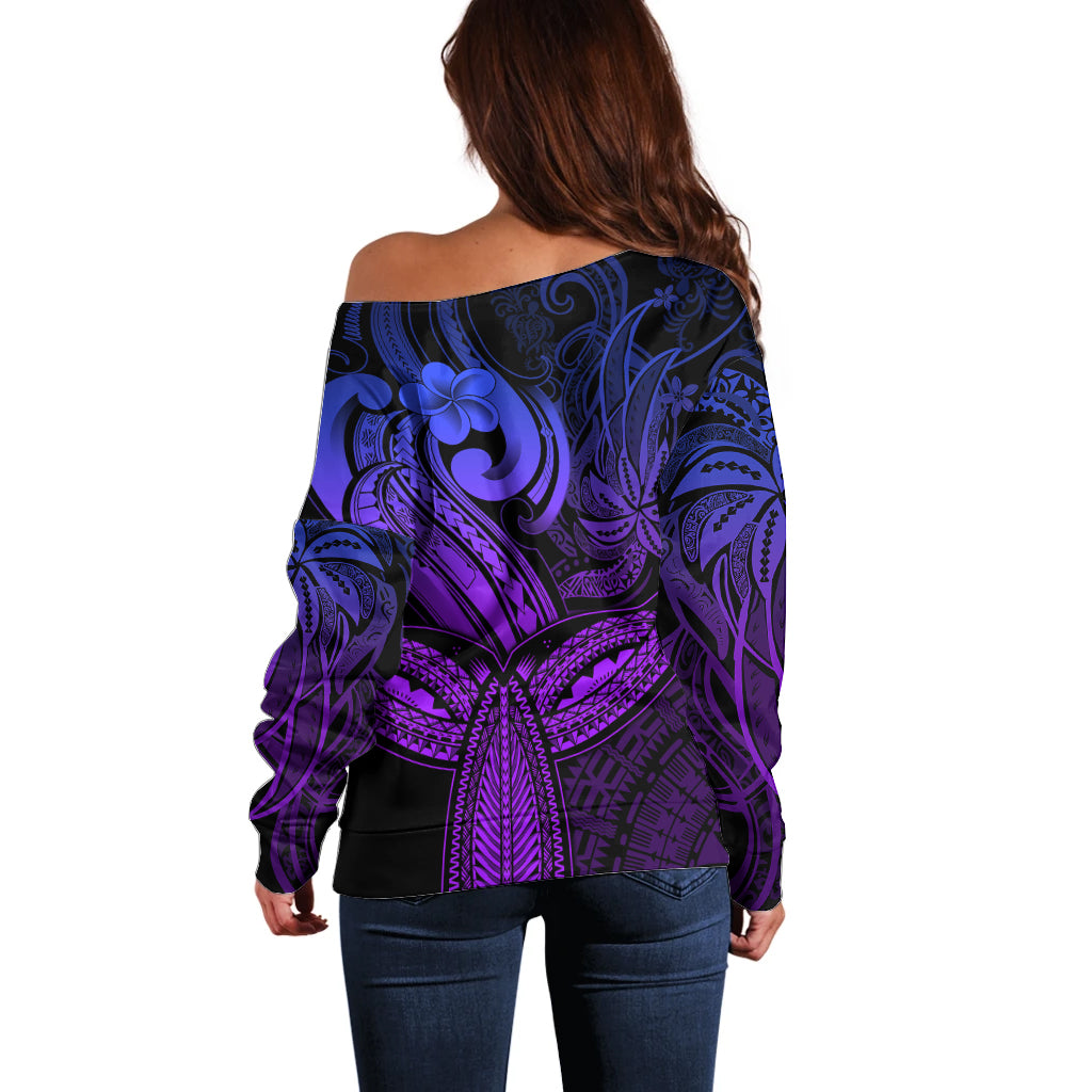 Polynesia Off Shoulder Sweater Whale Tale and Polynesian Sunset Plumeria Purple LT9 - Polynesian Pride