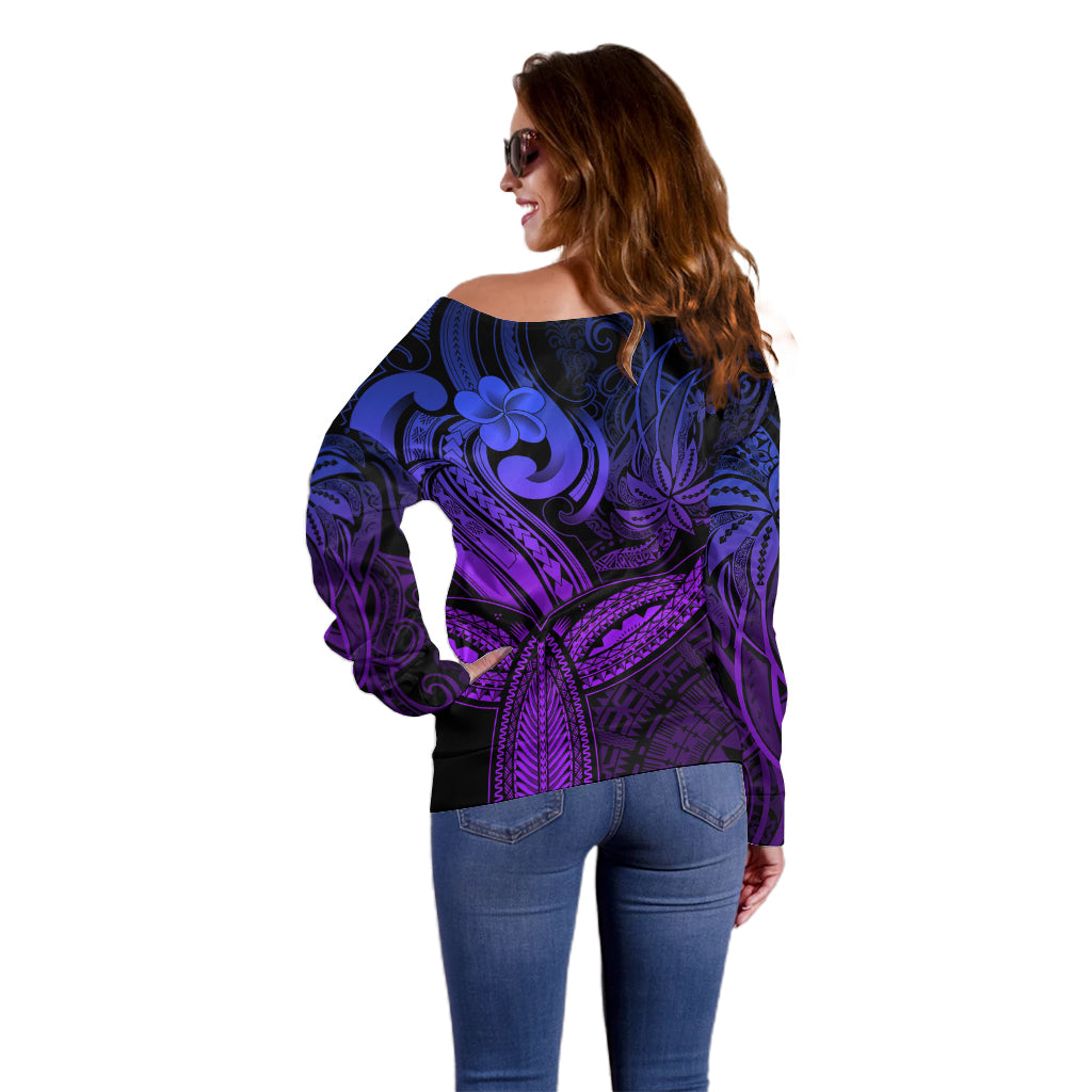 Polynesia Off Shoulder Sweater Whale Tale and Polynesian Sunset Plumeria Purple LT9 - Polynesian Pride