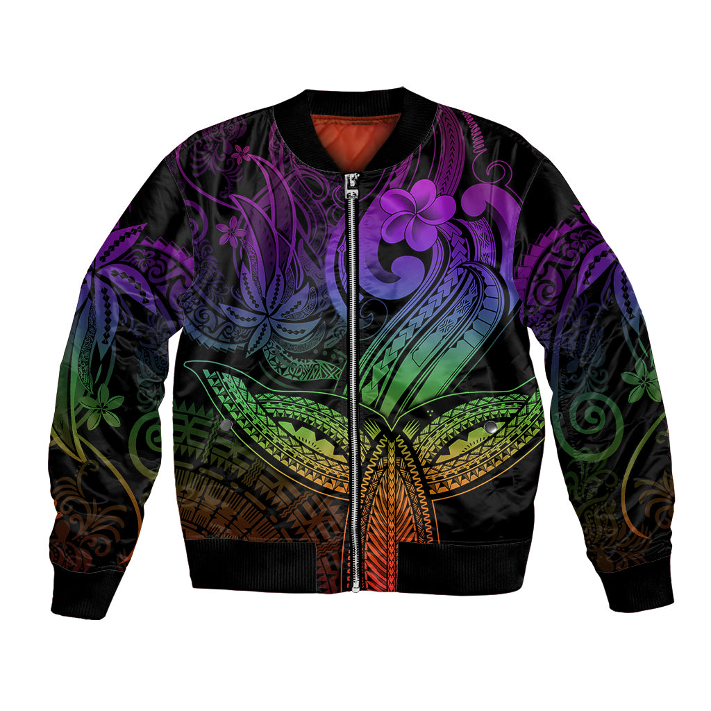 Polynesia Bomber Jacket Whale Tale and Polynesian Sunset Plumeria Rainbow LT9 Unisex Rainbow - Polynesian Pride