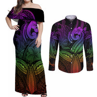 Polynesia Couples Matching Off Shoulder Maxi Dress and Long Sleeve Button Shirts Whale Tale and Polynesian Sunset Plumeria Rainbow LT9 Rainbow - Polynesian Pride