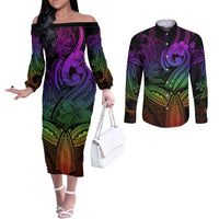 Polynesia Couples Matching Off The Shoulder Long Sleeve Dress and Long Sleeve Button Shirts Whale Tale and Polynesian Sunset Plumeria Rainbow LT9 Rainbow - Polynesian Pride