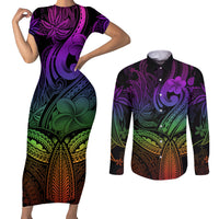 Polynesia Couples Matching Short Sleeve Bodycon Dress and Long Sleeve Button Shirts Whale Tale and Polynesian Sunset Plumeria Rainbow LT9 Rainbow - Polynesian Pride
