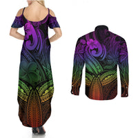 Polynesia Couples Matching Summer Maxi Dress and Long Sleeve Button Shirts Whale Tale and Polynesian Sunset Plumeria Rainbow LT9 - Polynesian Pride