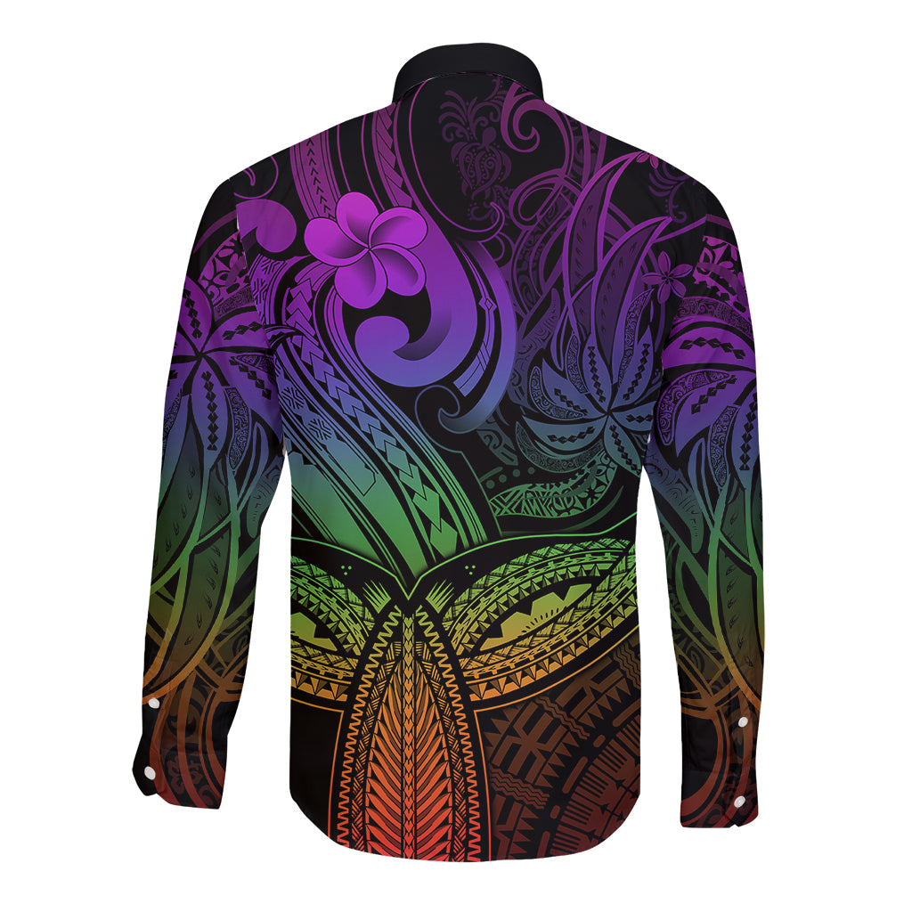Polynesia Long Sleeve Button Shirt Whale Tale and Polynesian Sunset Plumeria Rainbow LT9 - Polynesian Pride