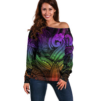 Polynesia Off Shoulder Sweater Whale Tale and Polynesian Sunset Plumeria Rainbow LT9 Women Rainbow - Polynesian Pride