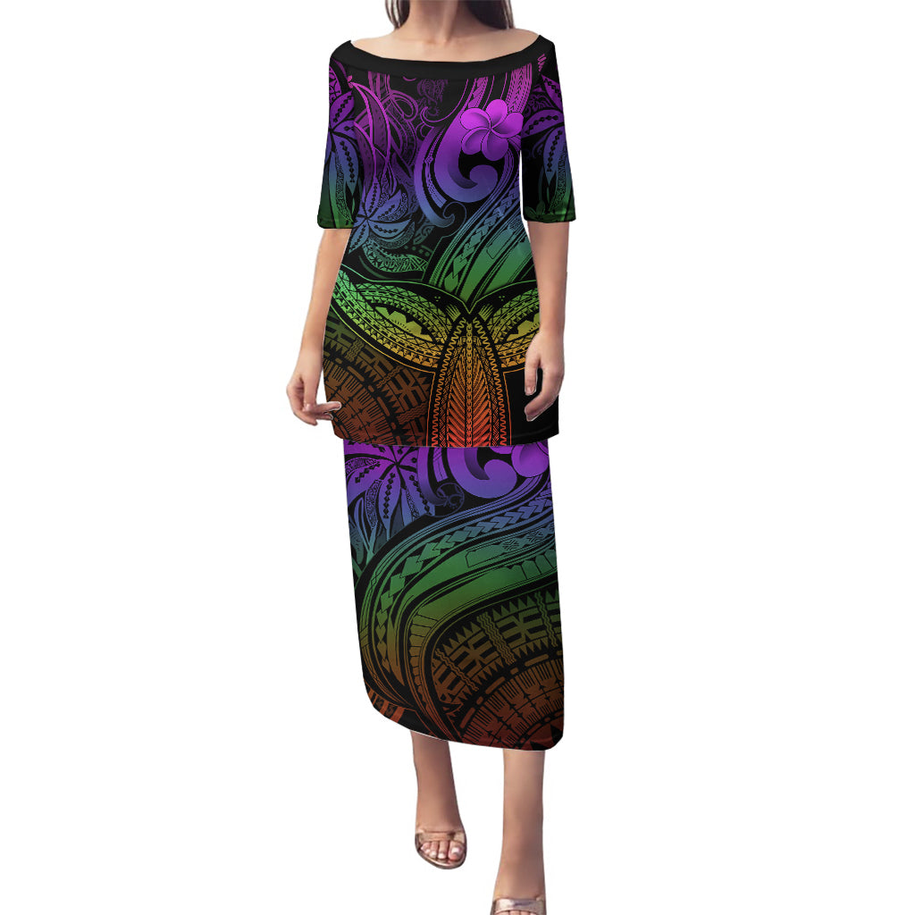 Polynesia Puletasi Whale Tale and Polynesian Sunset Plumeria Rainbow LT9 Long Dress Rainbow - Polynesian Pride